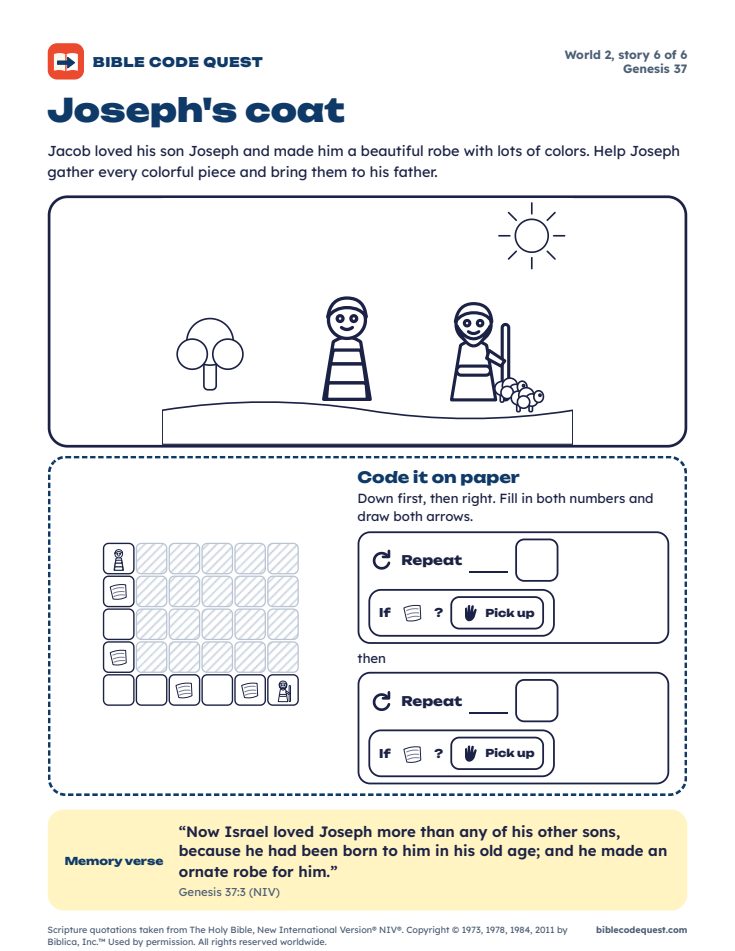 Coloring page for Joseph's coat, with Joseph and Jacob and a two-part puzzle